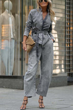 Casual Meetup Denim Stand Neck Long Sleeve Belted Loose Jacket