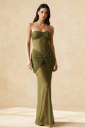 Sequin Strapless Sweetheart Neck Ruched Knot Hip Sheer Mesh Maxi Dress