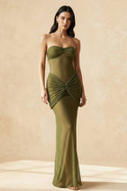 Sequin Strapless Sweetheart Neck Ruched Knot Hip Sheer Mesh Maxi Dress