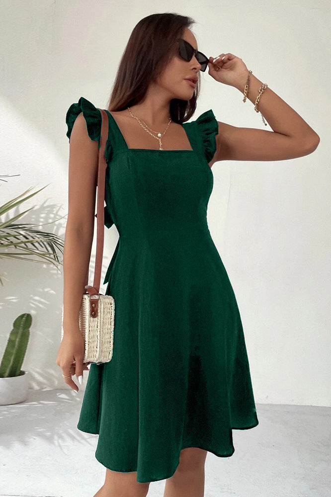 Square Neck Ruffle Shoulder Strap Back Bow Tie Fit and Flare Mini Dress
