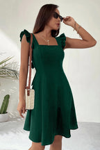 Square Neck Ruffle Shoulder Strap Back Bow Tie Fit and Flare Mini Dress