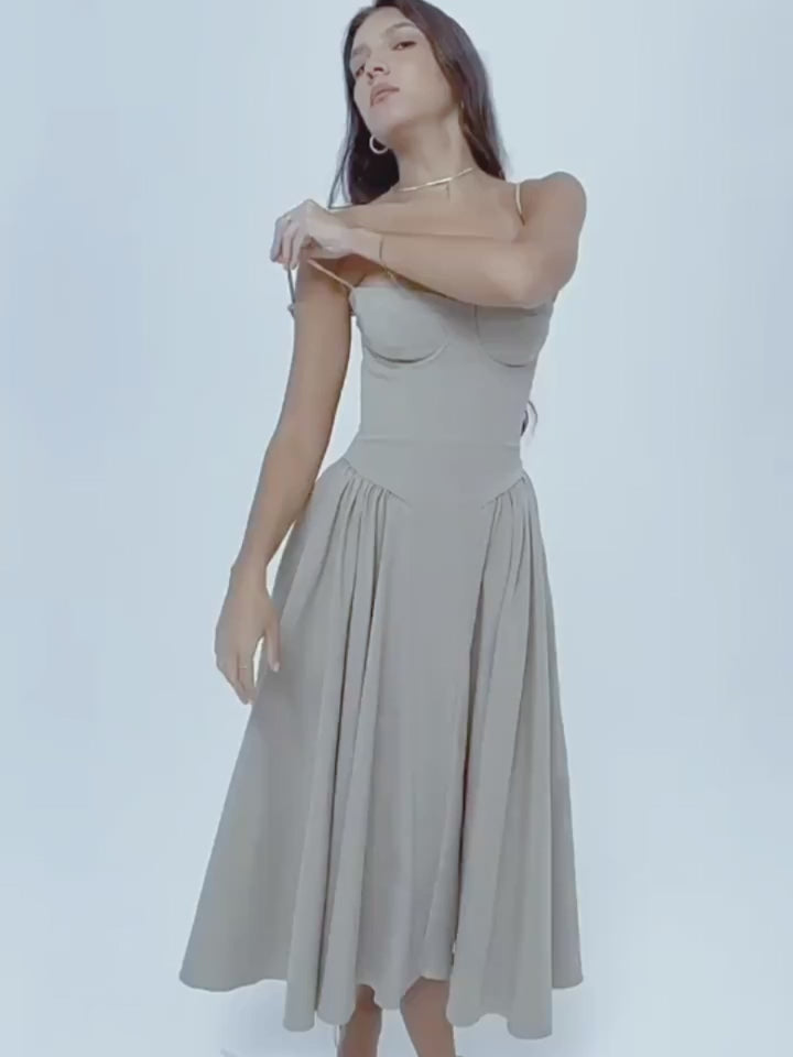 Corset Bodice Spaghetti Strap Drop Waist Pleated A-Line Midi Dress