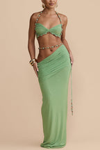 Emara Stretch Mesh Hand Beaded Detachable Belt Gathered Waist Vacation Maxi Skirt