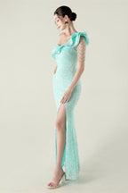 Draped One Shoulder Ruffle Formal Dress