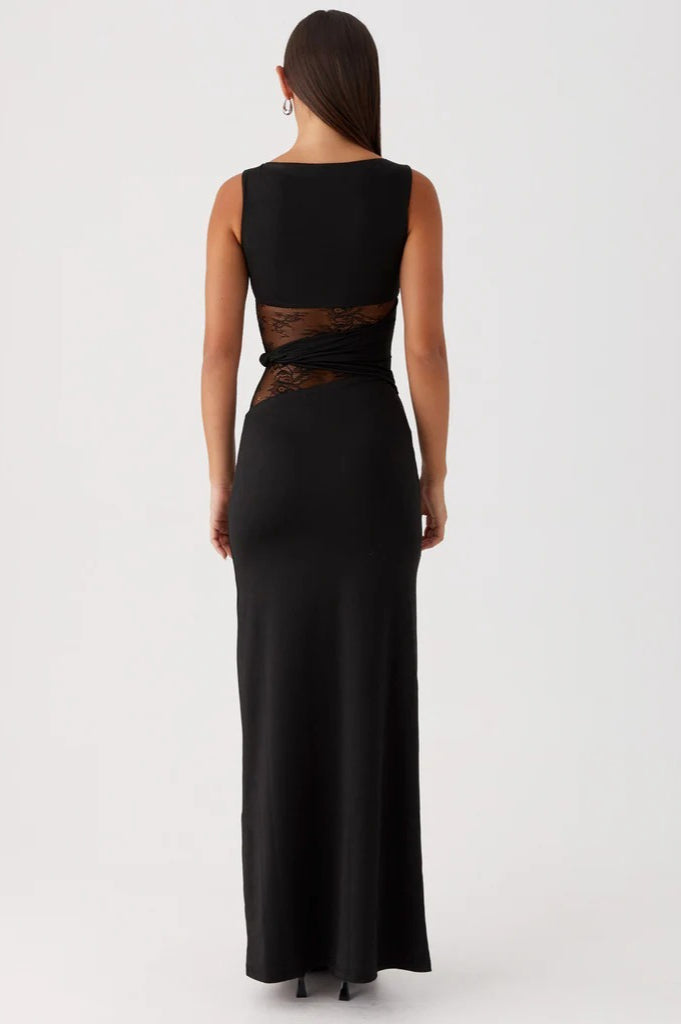 Boat Neck Sleeveless Lace Panel Waist Cut Out Twist Detail Maxi Dress
