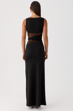 Boat Neck Sleeveless Lace Panel Waist Cut Out Twist Detail Maxi Dress