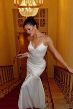 Satin Spaghetti Strap Deep V-Neck Lace Panel Mermaid Maxi Gown
