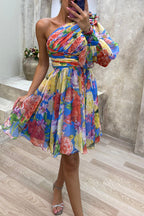 One Shoulder Puff Sleeve Ruched Floral Print Flared A-Line Mini Dress