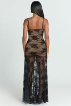 Lace Sweetheart Spaghetti Strap Ruched Bustier High Split Mermaid Maxi Dress