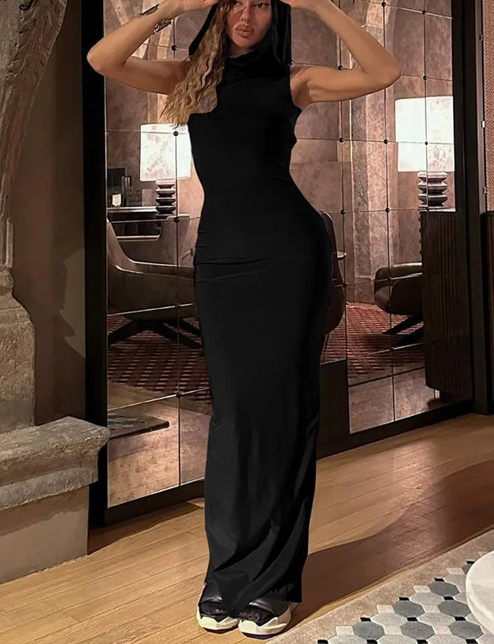 Hooded Cowl Neck Sleeveless Bodycon Maxi Dress