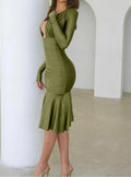 Long Sleeve Ruched Plunging Cut Out Mermaid Flounce Hem Midi Dress