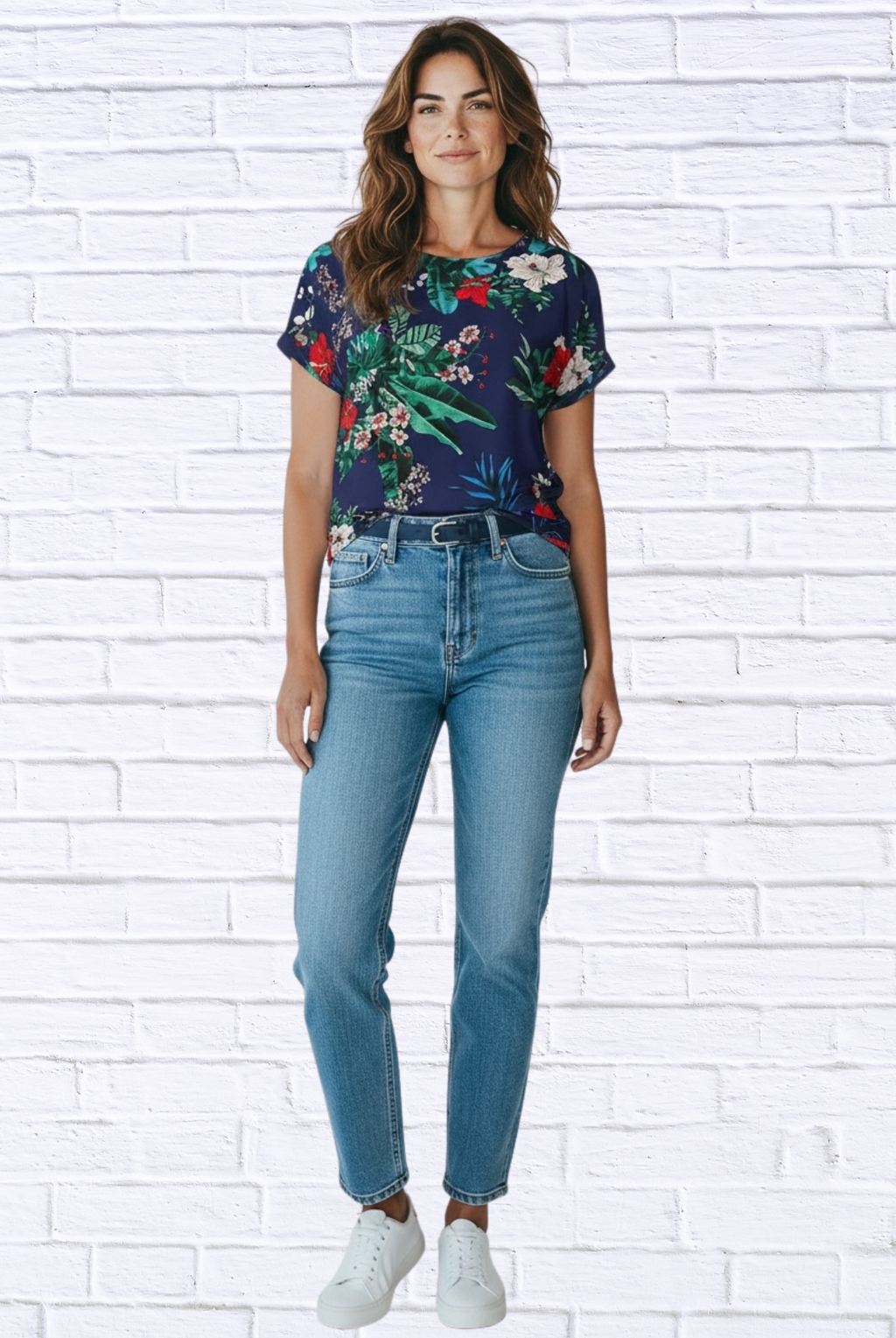 Navy Tropical Floral Viscose Blouse _ Short Sleeve Round Neck Lightweight Top