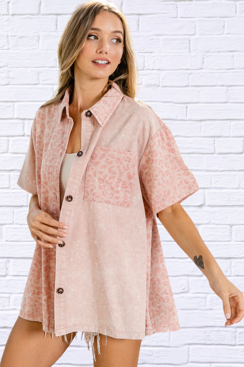 Unleash Your Wild Side _ Dusty Pink Mineral Washed Leopard Print Shirt