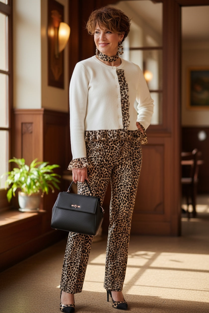 Leopard Trim Ruffle Cardigan _ Buttoned Contrast Ruffle & Chic Stretch Fit
