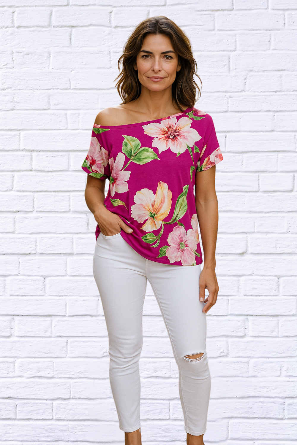 Hot Pink With Pale  Pink One Shouler Boxy Top