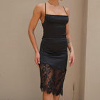 Lace up open back cowl neck satin dress