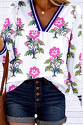 Bold Meets Feminine _ Amber Floral Print Striped V-Neck Blouse