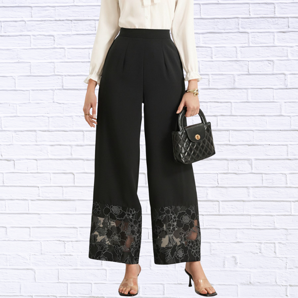 Floral Lace Hem Wide Leg Pants
