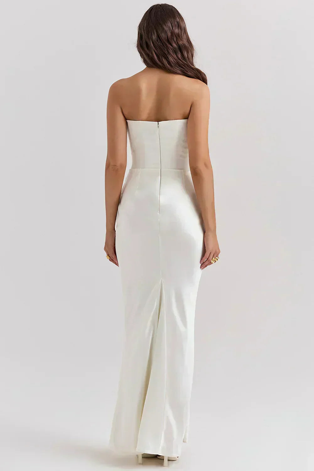 Strapless Peaked Corset Bodice Side Ruched Satin Column Maxi Gown