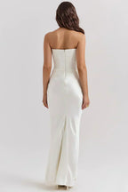 Strapless Peaked Corset Bodice Side Ruched Satin Column Maxi Gown