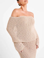 Off-the-Shoulder Draped Overlay Long Bell Sleeve Boucle Knit Maxi Dress