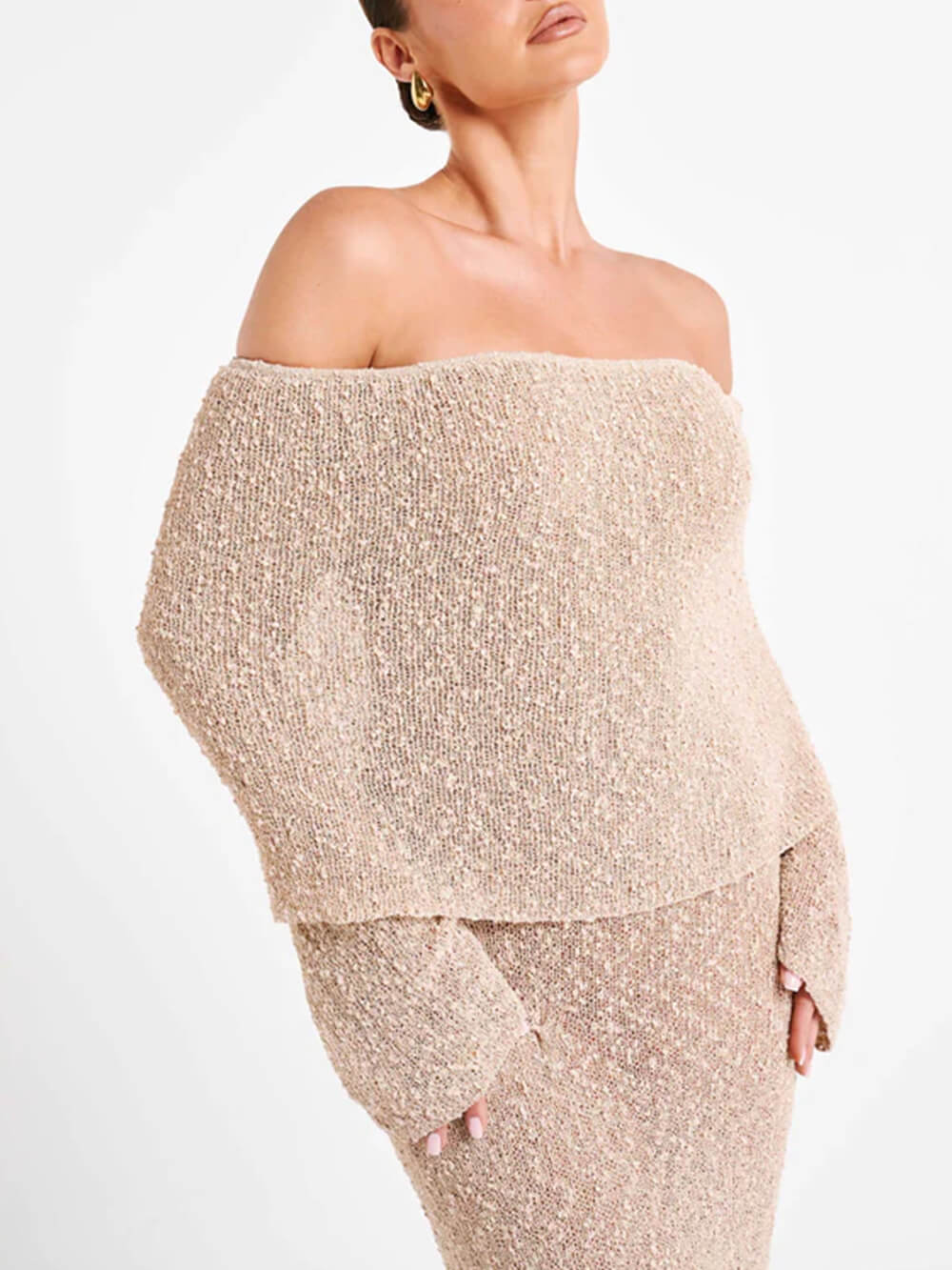 Off-the-Shoulder Draped Overlay Long Bell Sleeve Boucle Knit Maxi Dress
