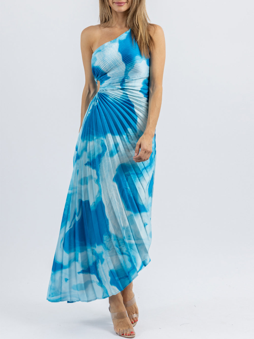 One-Shoulder Side Cutout Tie-Dye Print Sunray Pleated Midi Dress