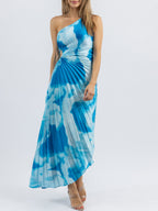 One-Shoulder Side Cutout Tie-Dye Print Sunray Pleated Midi Dress