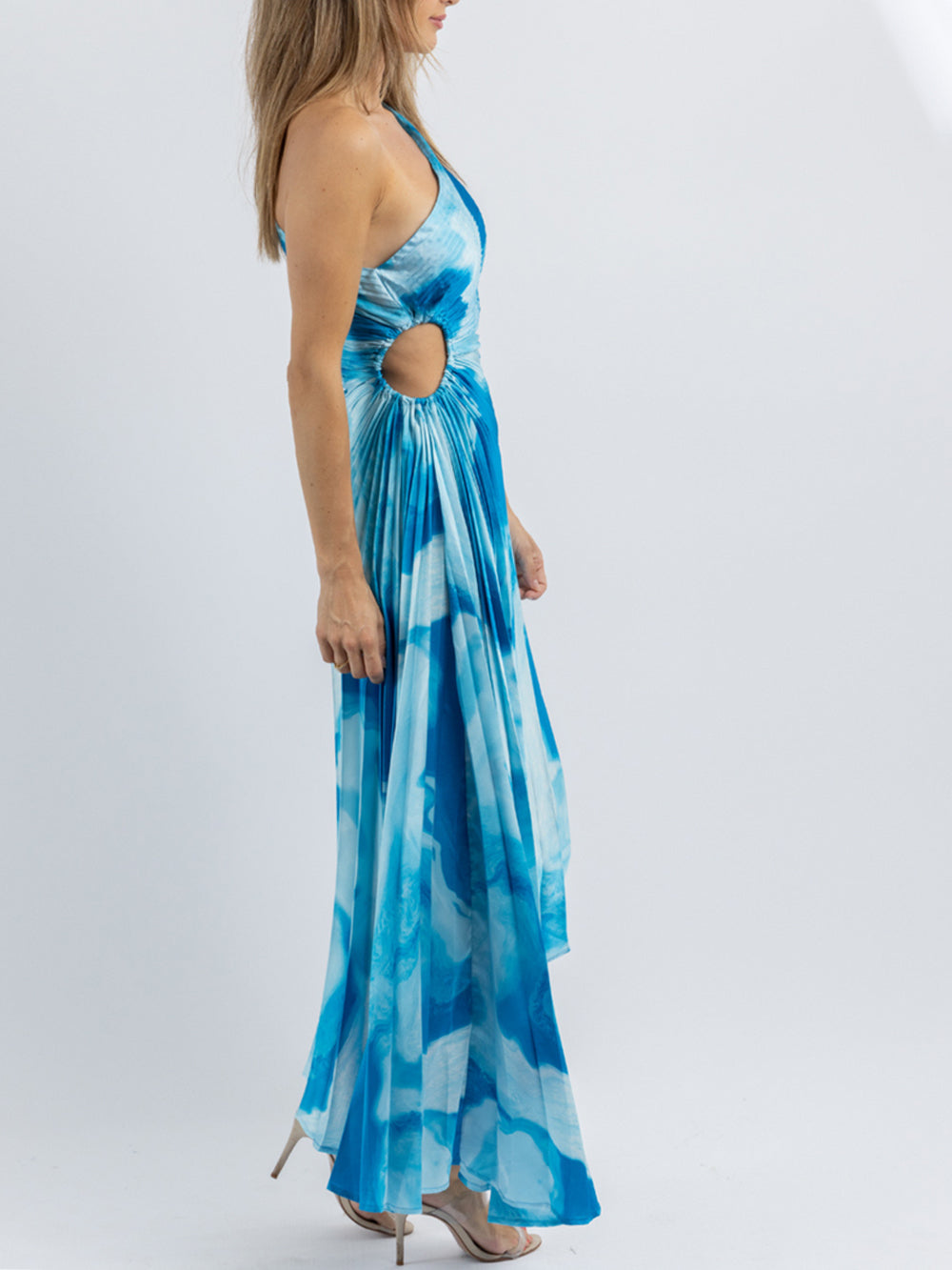 One-Shoulder Side Cutout Tie-Dye Print Sunray Pleated Midi Dress