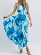 One-Shoulder Side Cutout Tie-Dye Print Sunray Pleated Midi Dress