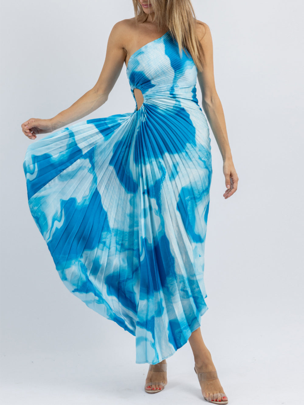 One-Shoulder Side Cutout Tie-Dye Print Sunray Pleated Midi Dress