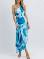 One-Shoulder Side Cutout Tie-Dye Print Sunray Pleated Midi Dress