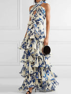 Botanical Print Halter Wrap Keyhole Tiered Ruffle Maxi Dress