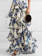 Botanical Print Halter Wrap Keyhole Tiered Ruffle Maxi Dress