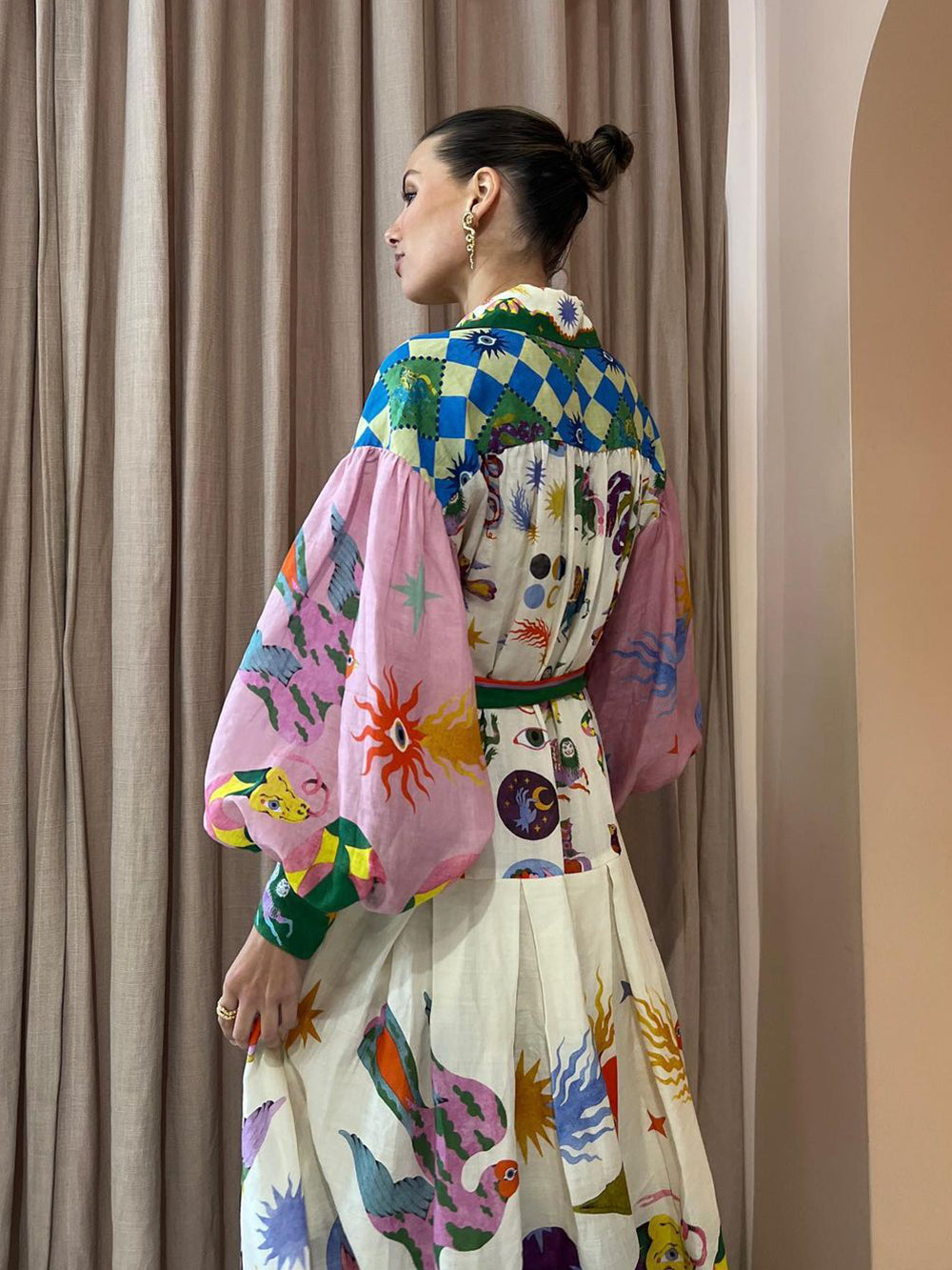 Celestial Print Balloon Sleeve Belted Button Front Maxi Shirt Dress