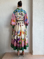 Celestial Print Balloon Sleeve Belted Button Front Maxi Shirt Dress
