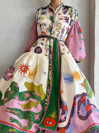 Celestial Print Balloon Sleeve Belted Button Front Maxi Shirt Dress