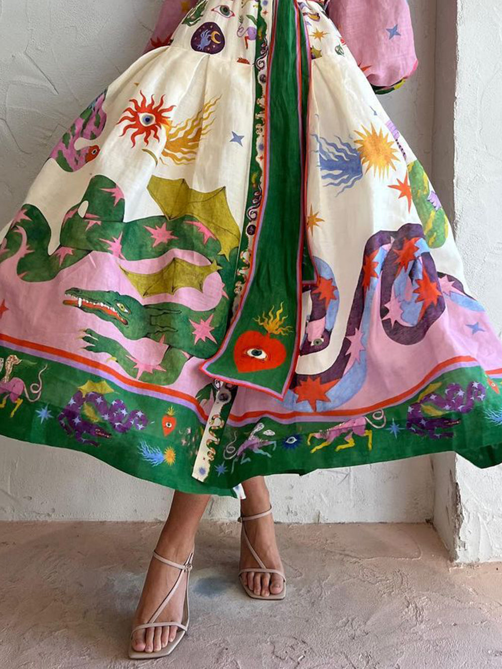 Celestial Print Balloon Sleeve Belted Button Front Maxi Shirt Dress