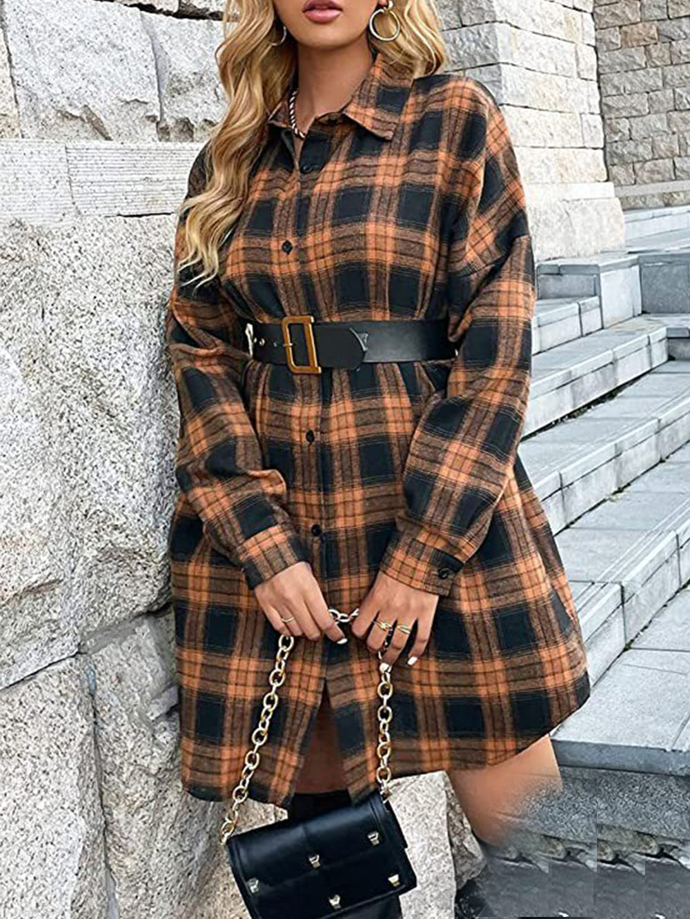 Plaid Print Long Sleeve Button Front Oversized Shirt Mini Dress