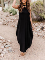 Halter Neck Ring Detail Gathered Bust Side Slit Maxi Dress