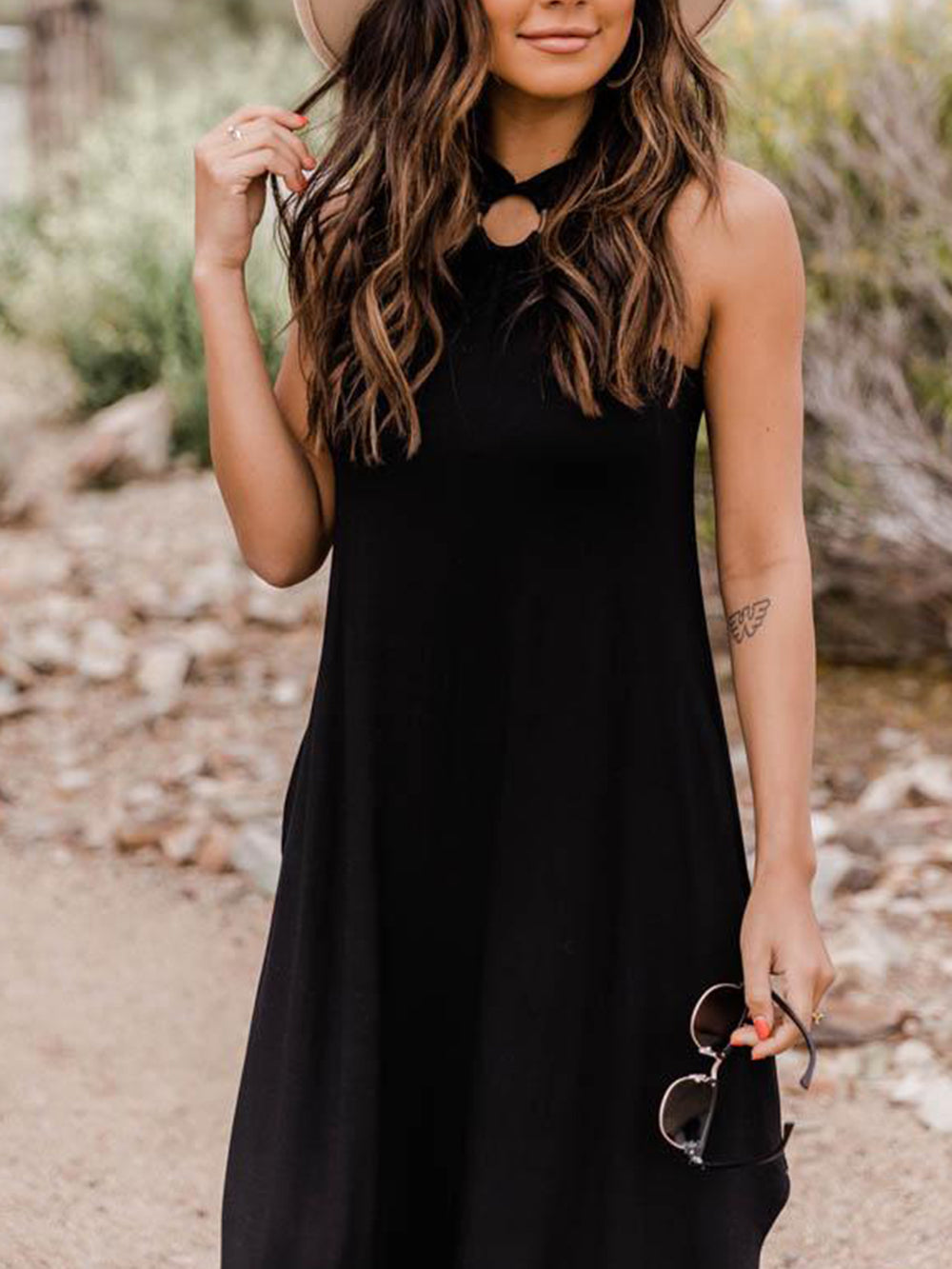 Halter Neck Ring Detail Gathered Bust Side Slit Maxi Dress