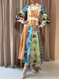 Patchwork Print Puff Sleeve Collar Button Down Belted Maxi Dress