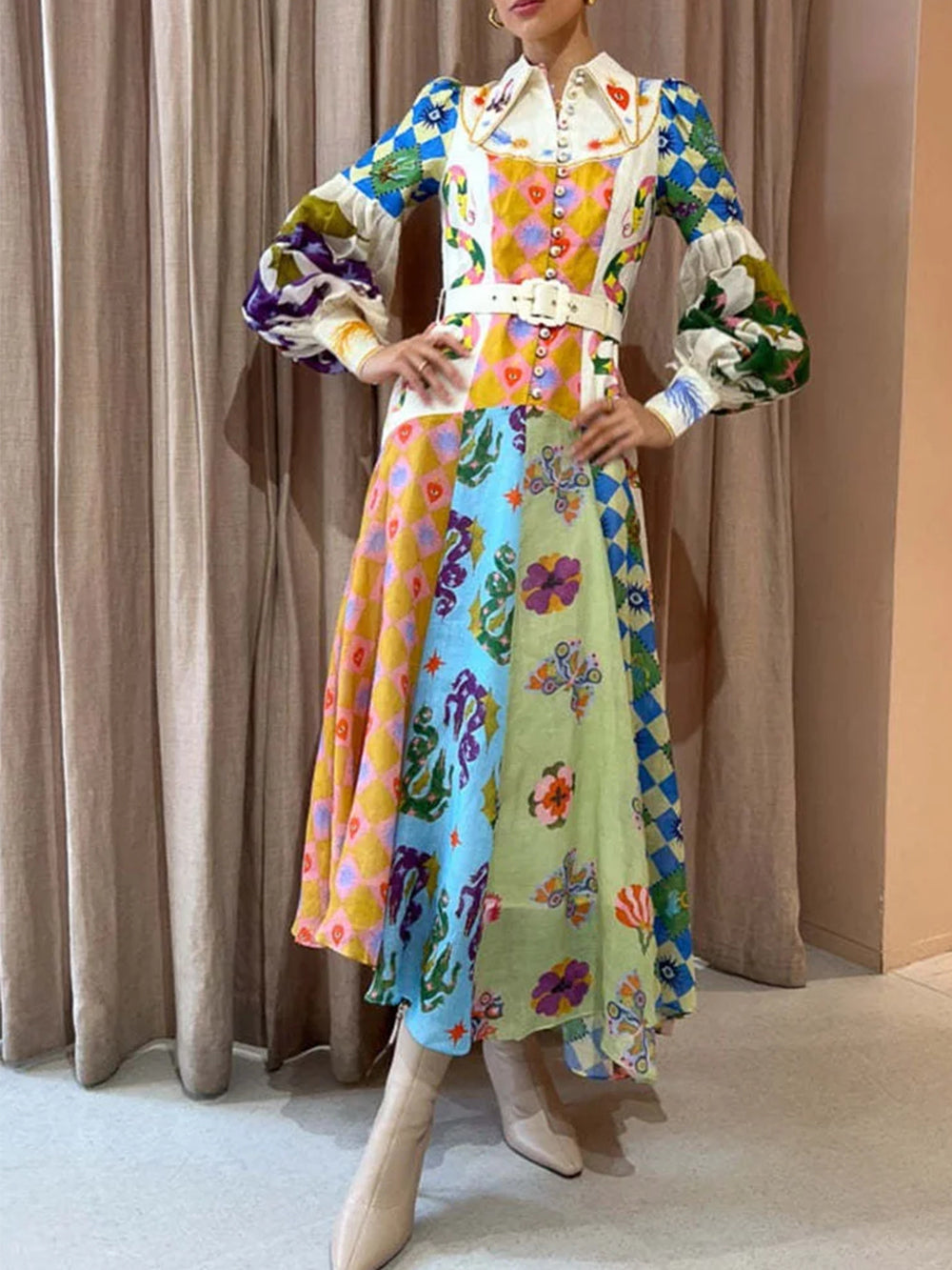 Patchwork Print Puff Sleeve Collar Button Down Belted Maxi Dress