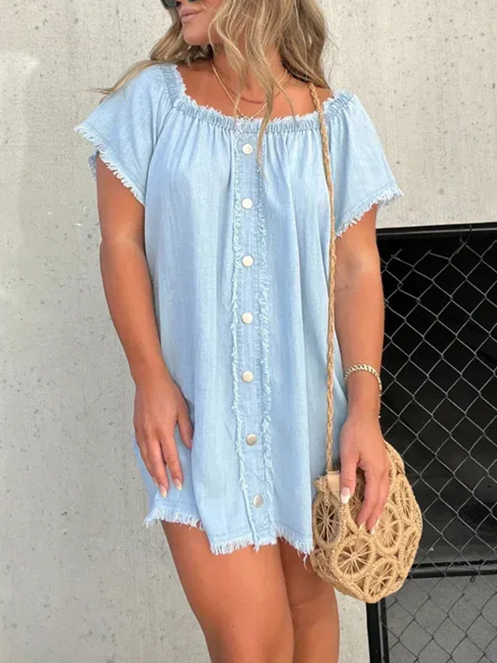 Off Shoulder Frayed Trim Button Front Denim Mini Dress