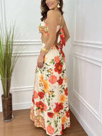 Spaghetti Strap Keyhole Cut Out Side Cut Out Floral Border Print Maxi Dress