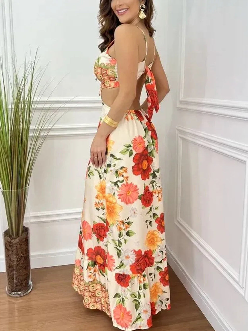 Spaghetti Strap Keyhole Cut Out Side Cut Out Floral Border Print Maxi Dress