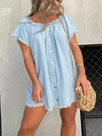 Off Shoulder Frayed Trim Button Front Denim Mini Dress