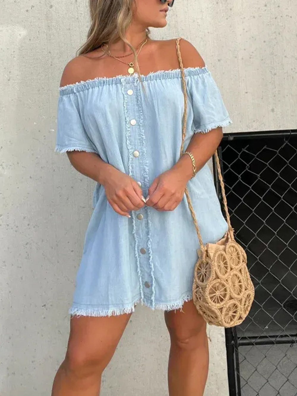 Off Shoulder Frayed Trim Button Front Denim Mini Dress