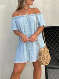 Off Shoulder Frayed Trim Button Front Denim Mini Dress