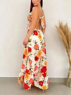 Spaghetti Strap Keyhole Cut Out Side Cut Out Floral Border Print Maxi Dress